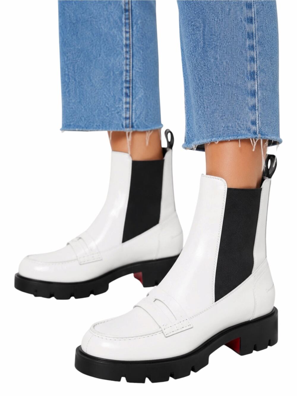 Christian Louboutin Montezu Lug Sole Ankle Boots White Leather Size 39.5